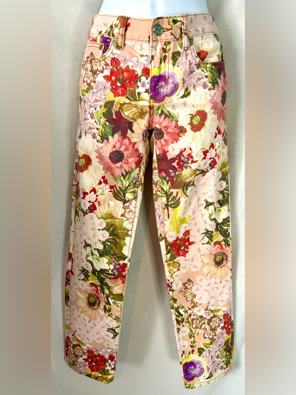 Tory Burch Izzy Pink, Multicolor Floral Cotton Super Skinny Jeans, Size 25